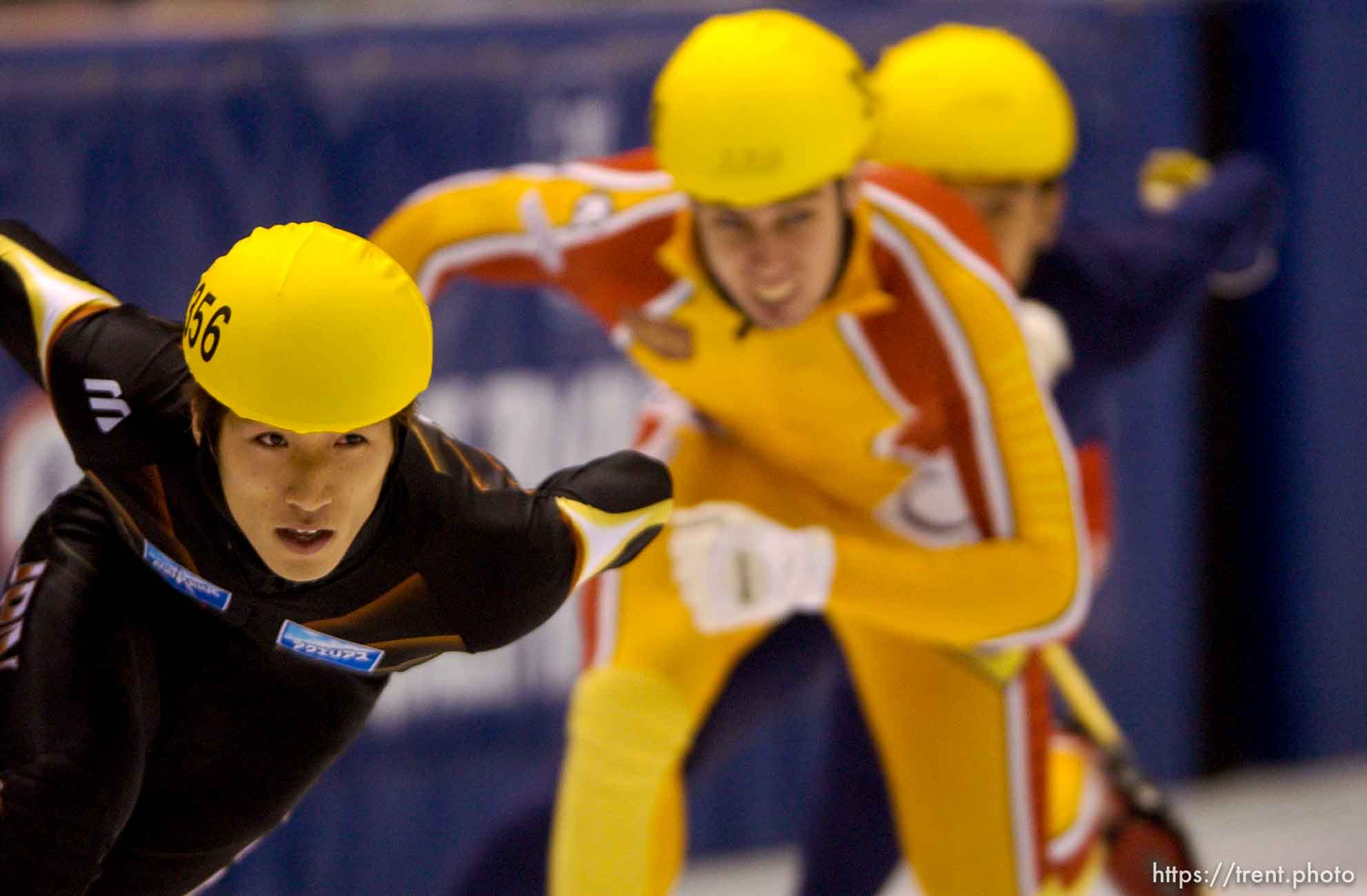 Japan's Takafumi Nishitani. 500 meter finals, Short Track Olympic Qualifier at the Delta Center Friday night.
. 10/26/2001, 8:43:58 PM