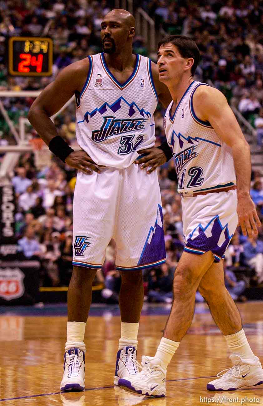 Karl Malone and John Stockton. Jazz host the Philadelphia 76ers Saturday night at the Delta Center. Jazz win. 12.29.2001, 8:03:39 PM