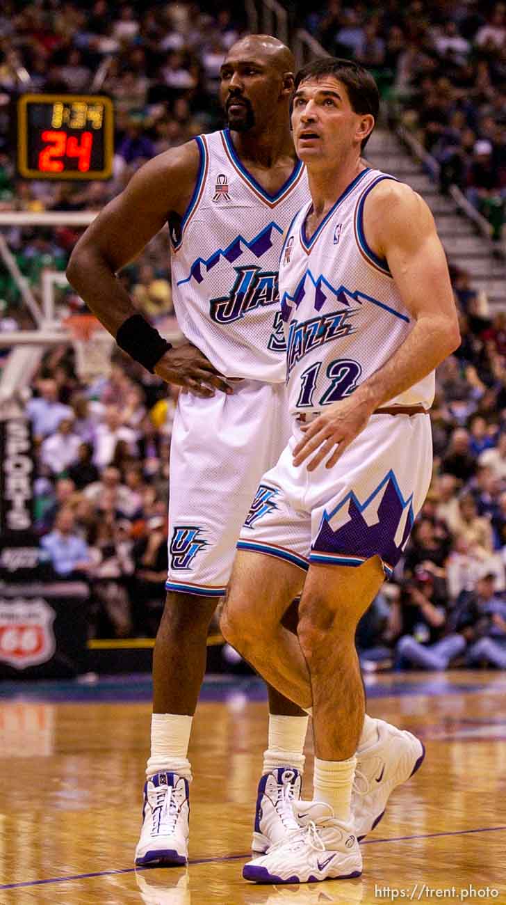 Karl Malone and John Stockton. Jazz host the Philadelphia 76ers Saturday night at the Delta Center. Jazz win. 12.29.2001, 8:03:40 PM