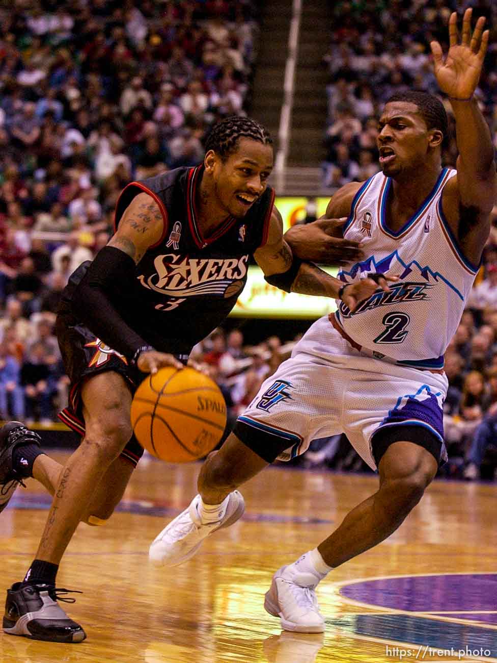 Allen Iverson, DeShawn Stevenson. Jazz host the Philadelphia 76ers Saturday night at the Delta Center. Jazz win. 12.29.2001, 8:44:41 PM