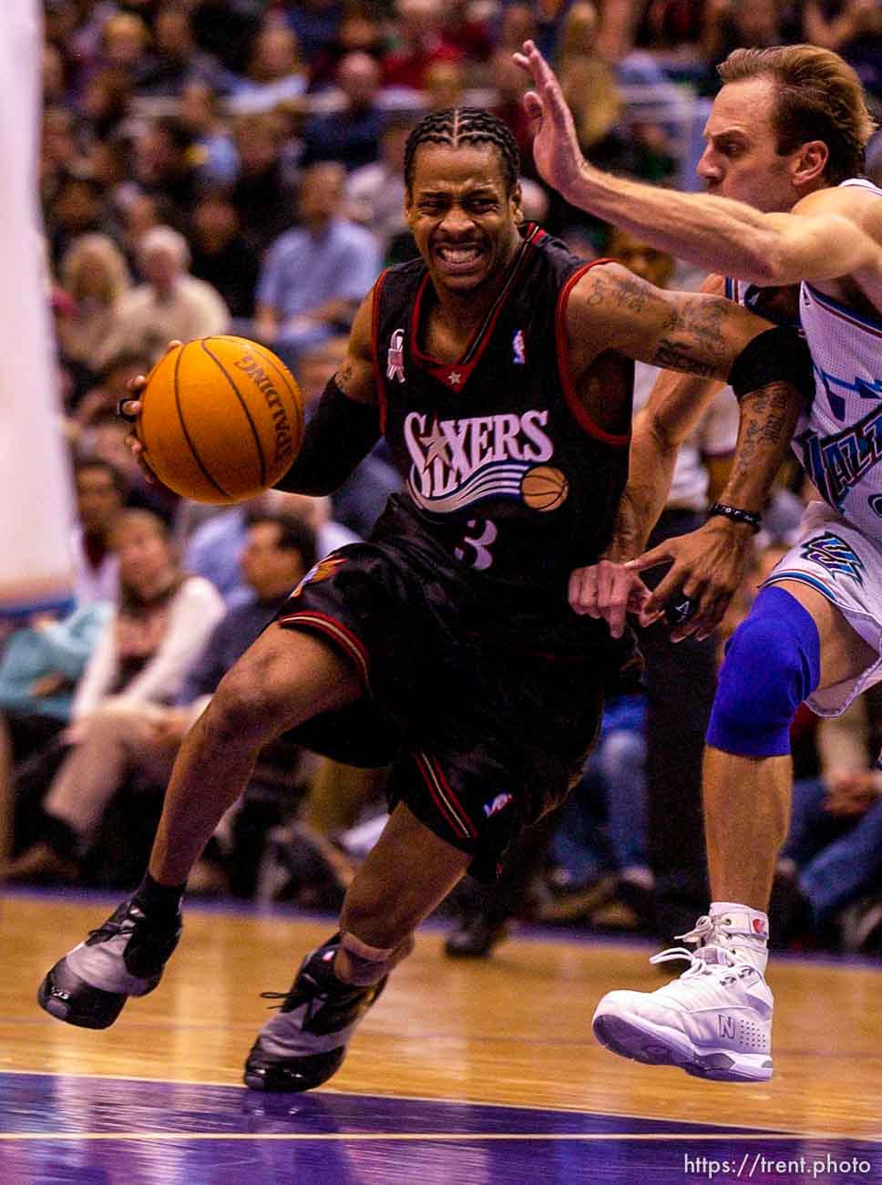 Allen Iverson, John Crotty. Jazz host the Philadelphia 76ers Saturday night at the Delta Center. Jazz win. 12.29.2001, 9:26:41 PM