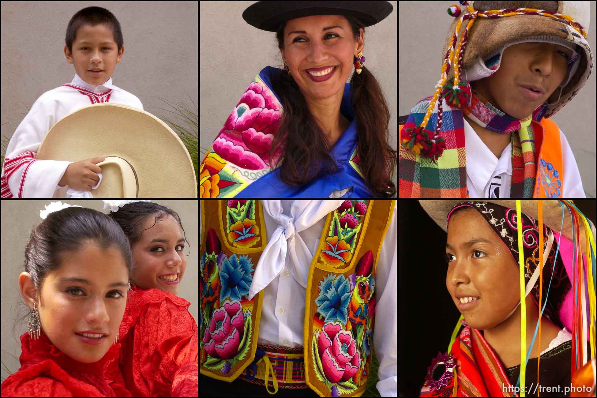 Clockwise from top left: Brian Pacheco, Peruvian Folk Dance; Janette Lee, Peruvian Traditions (Peruvian Folk Dance); Diego Lisi, Fantasia de Bolivia (Bolivian Folk Dance);Andrea Ibanez, Fantasia de Bolivia (Bolivian Folk Dance); The outfit of Ruben Espinoza, Peruvian Traditions (Peruvian Folk Dance); Mayra Startup (left), and Zuleyth Ojeda, Peruvian Folk Dance. Hispanic Fiesta Days Saturday at the Gallivan Center.
Photos by Trent Nelson