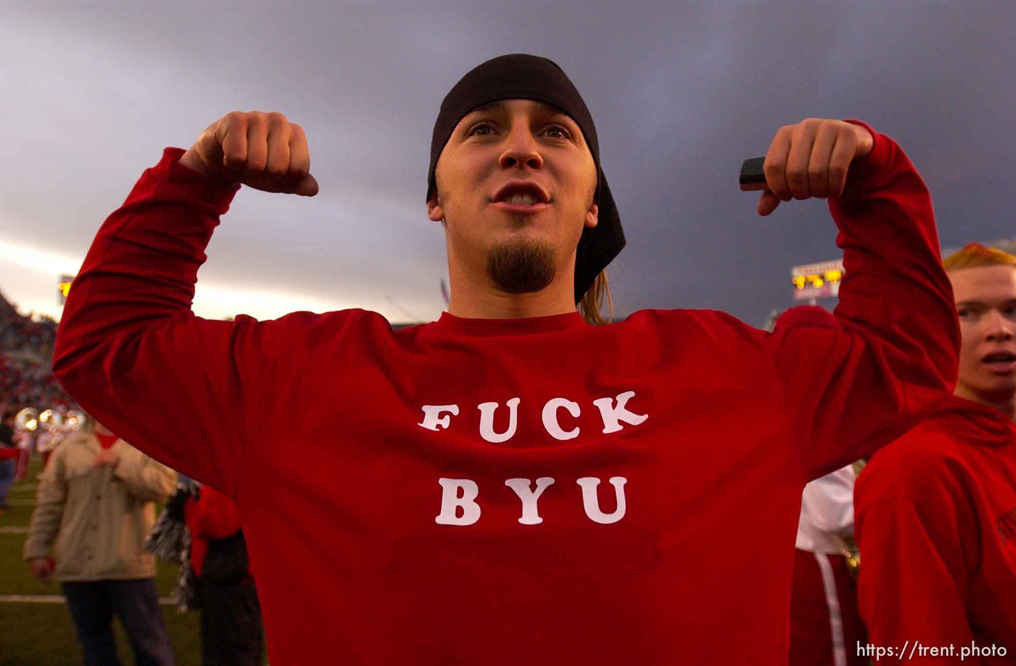 Salt Lake City - Man with Fuck BYU shirt. Utah vs. BYU football Saturday afternoon at Rice-Eccles Stadium. Utah wins 13-6.  11.23.2002, 4:18:13 PM