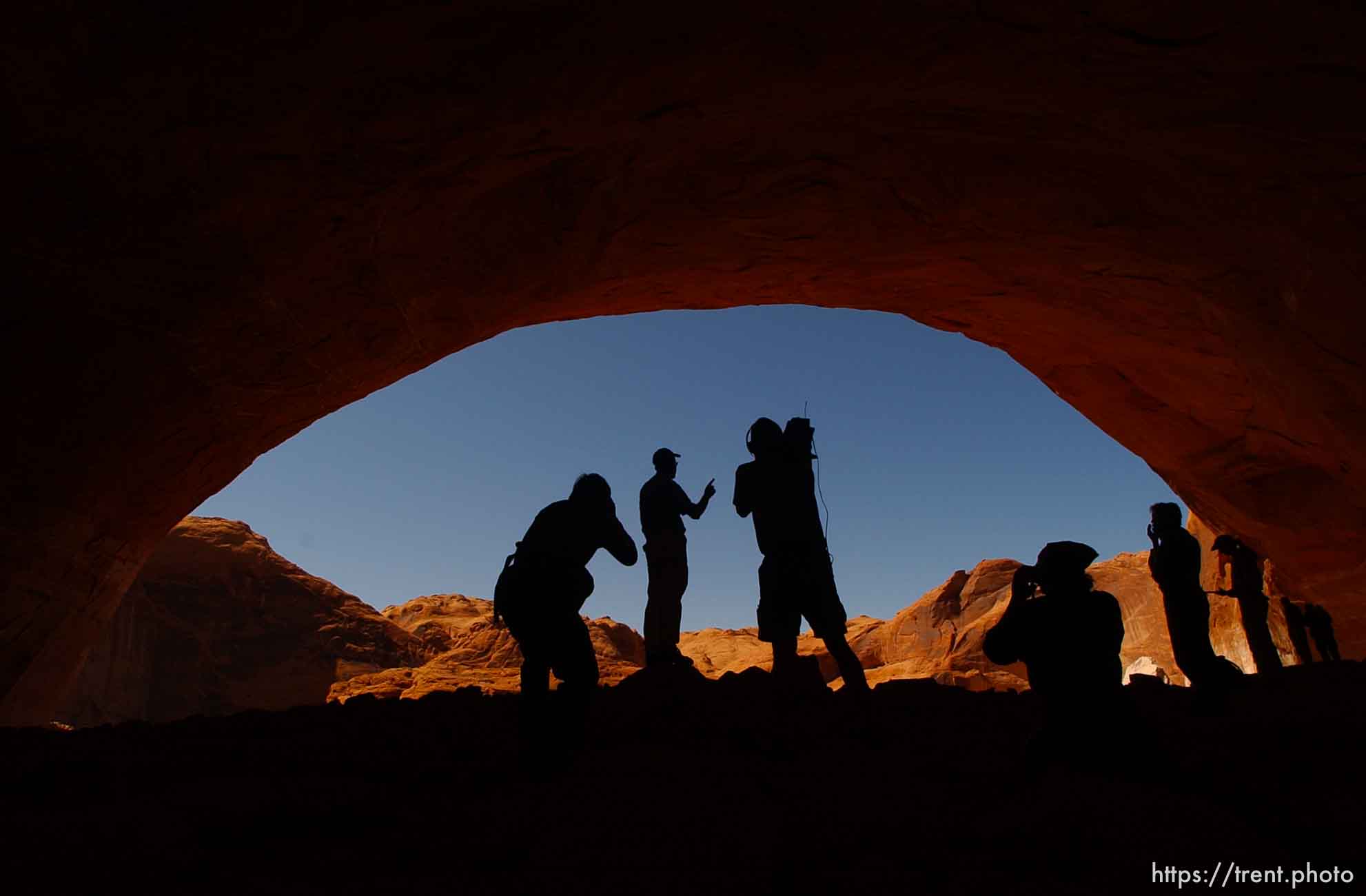 Richard Ingebretsen, founder and president of the Glen Canyon Institute, speaks to journalists on a trip on Lake Powell. . Landmarks which had previously been submerged in Glen Canyon are now becoming visible with the lower water levels in Lake Powell.