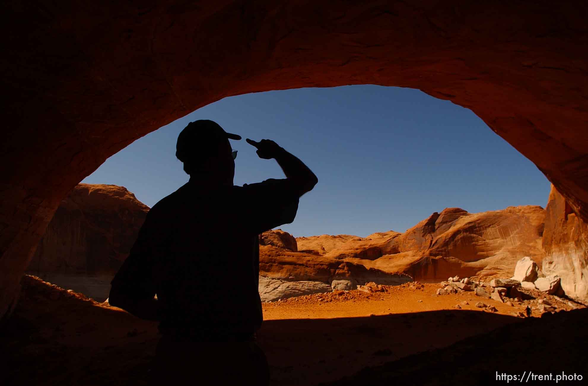 Richard Ingebretsen, founder and president of the Glen Canyon Institute, speaks to journalists on a trip on Lake Powell. . Landmarks which had previously been submerged in Glen Canyon are now becoming visible with the lower water levels in Lake Powell.