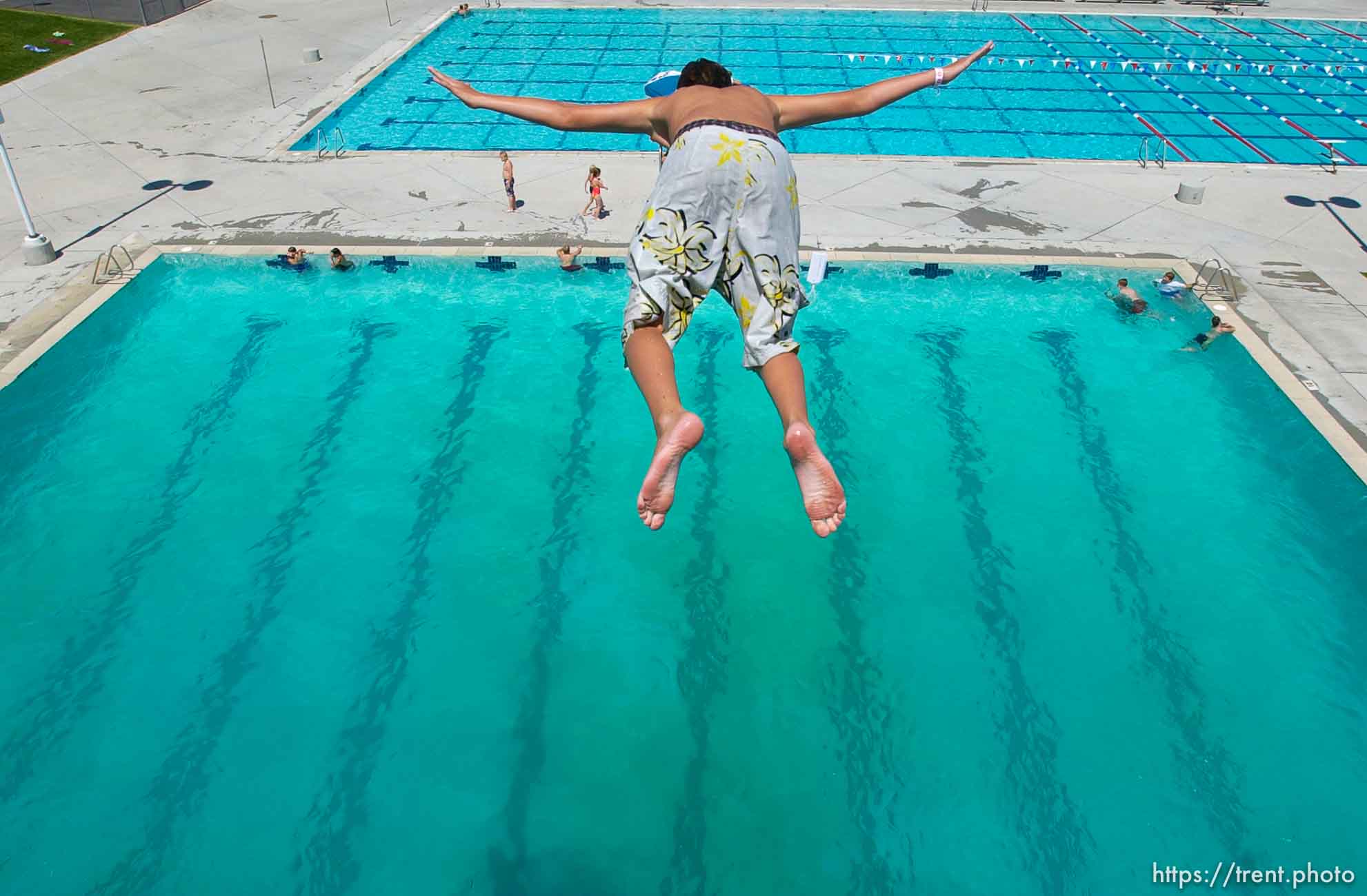 Leaping off the ten meter platform at the Kearns Oquirrh Park Fitness Center in Kearns Wednesday afternoon.