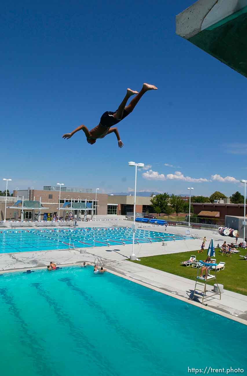 Leaping off the ten meter platform at the Kearns Oquirrh Park Fitness Center in Kearns Wednesday afternoon.