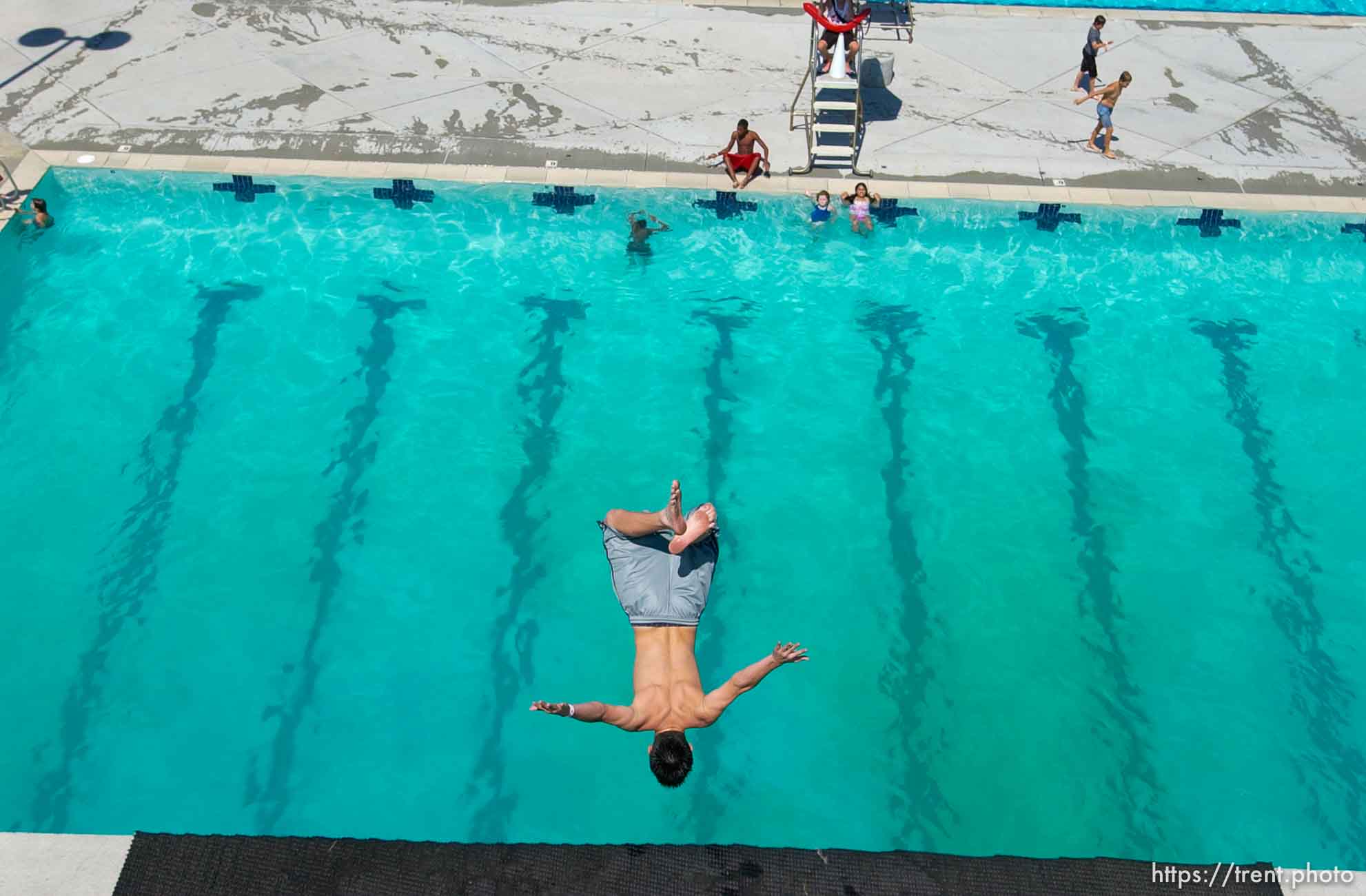 Leaping off the ten meter platform at the Kearns Oquirrh Park Fitness Center in Kearns Wednesday afternoon.