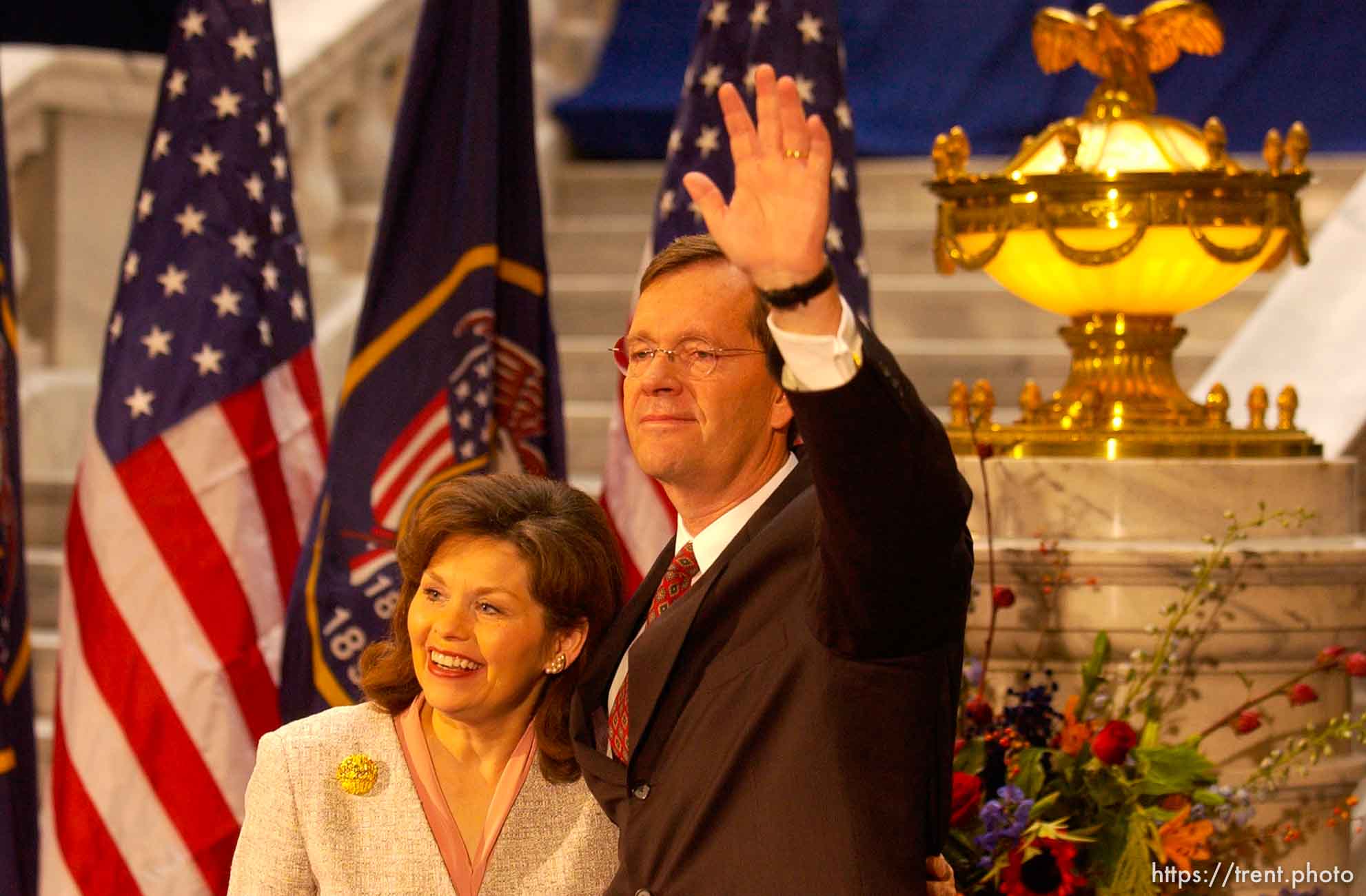 The resignation of Utah Governor Michael Leavitt (pic'd with his wife) and the swearing in of new Utah Governor Olene Walker Wednesday morning at the Utah State Capitol in Salt Lake City.