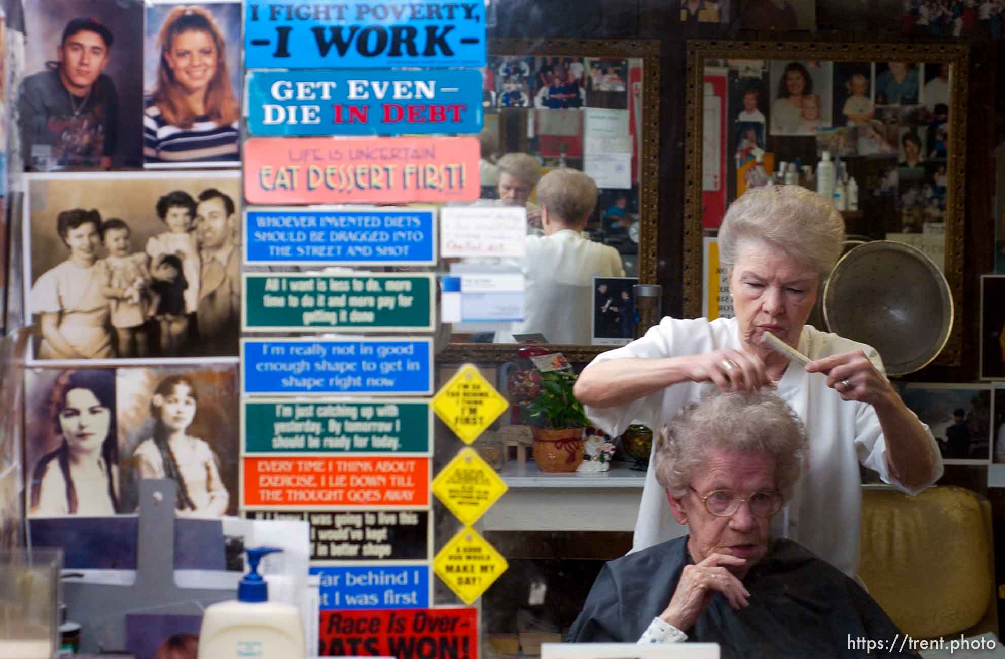 Sandy - Ruth Saunders has been cutting hair since 1946. She has a small shop in the basement of her Sandy home, where she sees regular customers like Vivian Keysaw, who has been having Saunders cut her hair for 45 years.