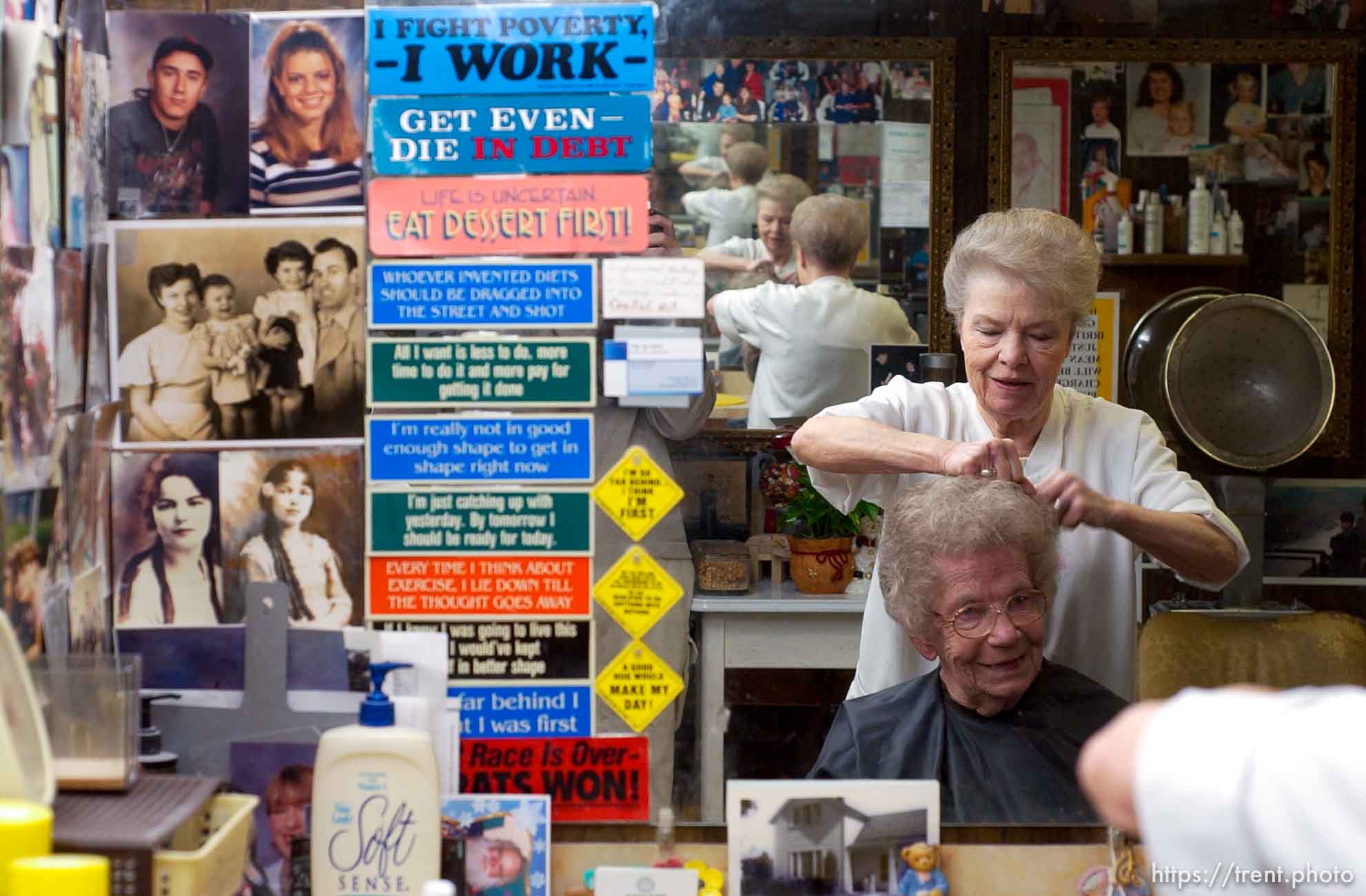 Sandy - Ruth Saunders has been cutting hair since 1946. She has a small shop in the basement of her Sandy home, where she sees regular customers like Vivian Keysaw, who has been having Saunders cut her hair for 45 years.