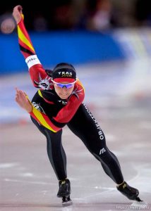 Kearns - Germany's Sabine Volker lets loose with a finger. Ladies 500m World Cup Speed Skating Friday night at the Utah Olympic Oval, Kearns.
; 12/12/2003