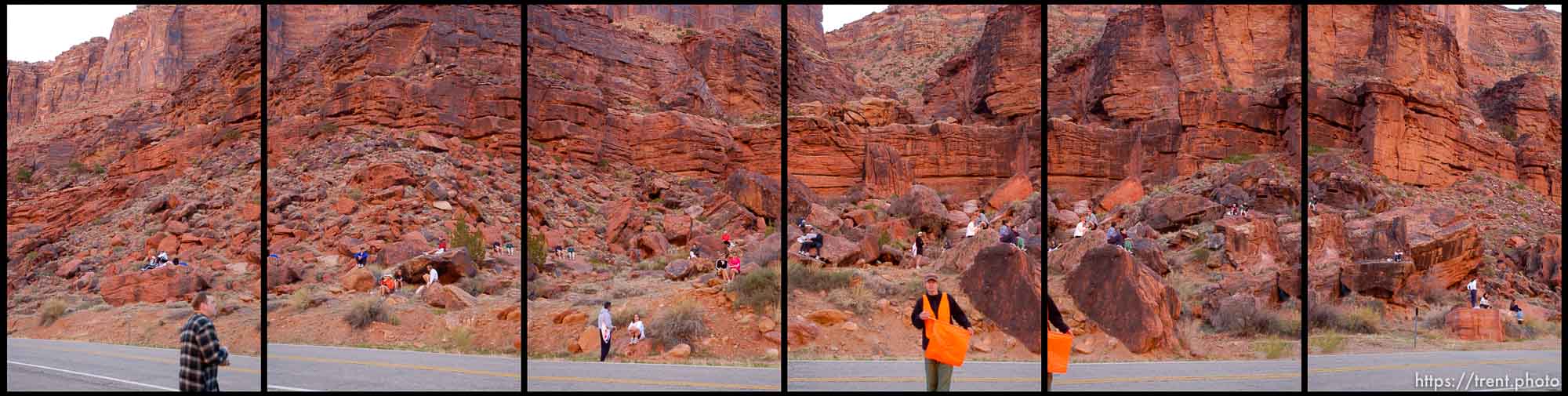 Runners waiting on red rock for the start of the Canyonlands Half Marathon in Moab