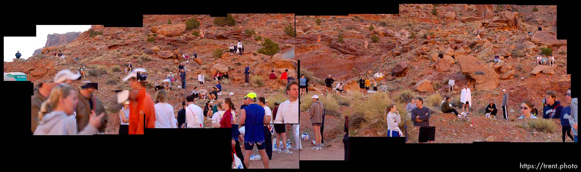 Runners waiting on red rock for the start of the Canyonlands Half Marathon in Moab