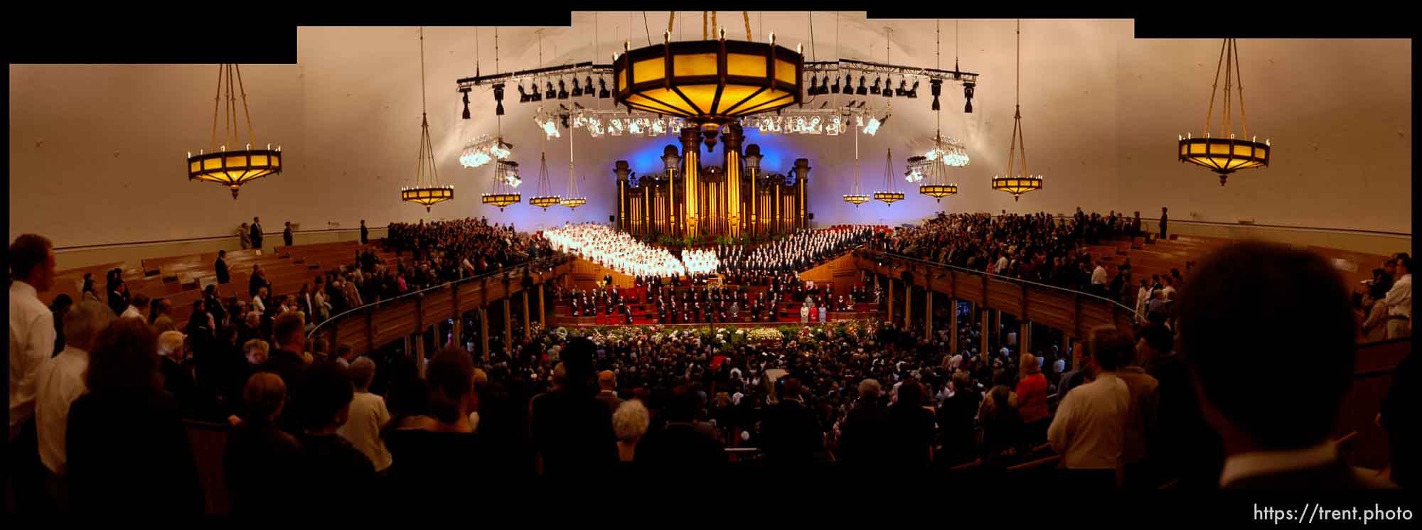 Mourners and the Mormon Tabernacle Choir at the funeral of Marjorie Hinckley, wife of LDS President Gordon B. Hinckley, in the Tabernacle on Temple Square.