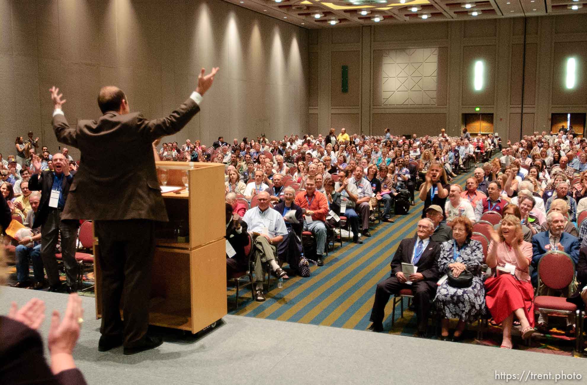 Donald Dunn exhorts Democrats to stand up if they're proud to be Democrats. The Utah Democratic Party opens its convention Friday night at the Salt Palace Convention Center in Salt Lake City.