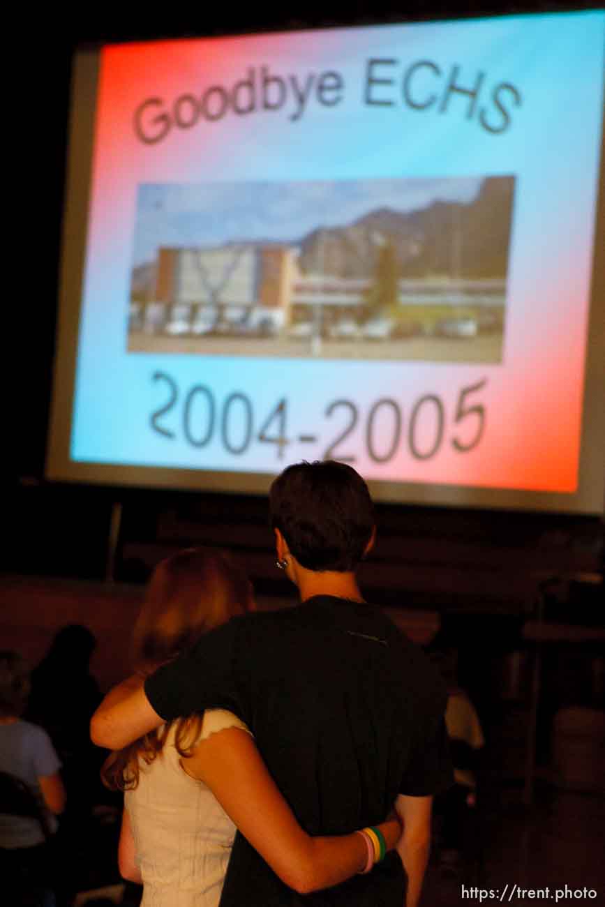 East Carbon High School students Emily Evans (left) and Cody Valdez embrace during a slideshow summarizing the final year at the school. The small town of Sunnyside's East Carbon High School is being closed. The students will be transfered to Price's Carbon High School, a 25-minute bus ride away.