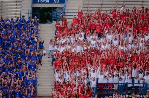 fans looking like American flag doing the wave. Stadium of Fire, Saturday night at LaVell Edwards Stadium, Provo.