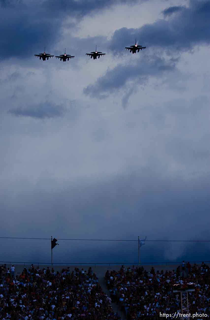 fighter jet flyover. Stadium of Fire, Saturday night at LaVell Edwards Stadium, Provo.