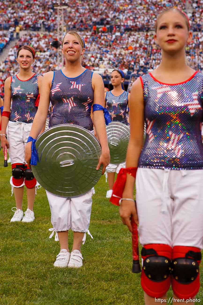 dancers with kneepads and garbage can lids. Stadium of Fire, Saturday night at LaVell Edwards Stadium, Provo.