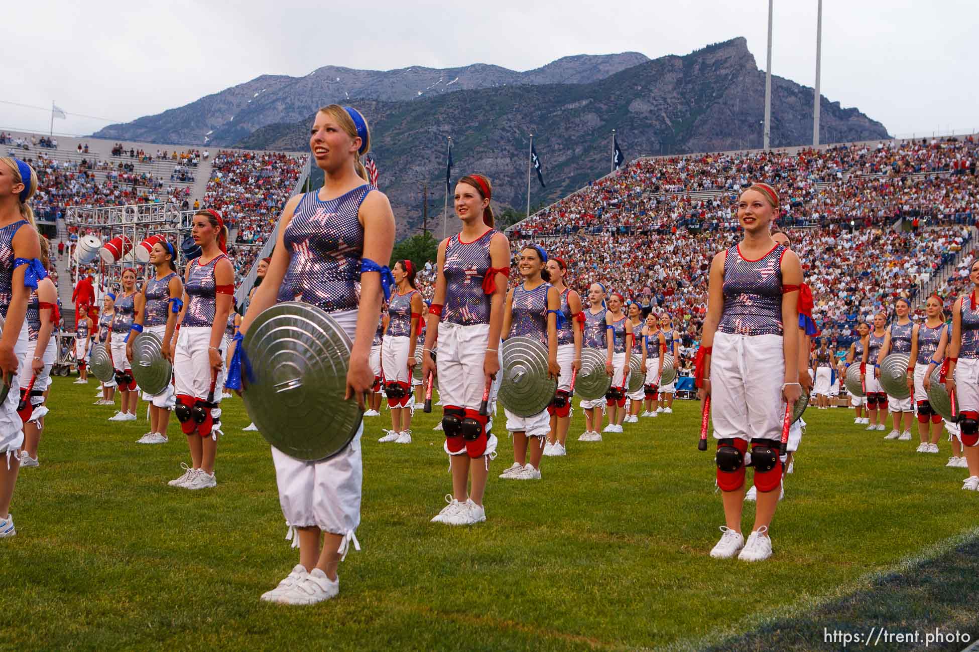 dancers with kneepads and garbage can lids. Stadium of Fire, Saturday night at LaVell Edwards Stadium, Provo.