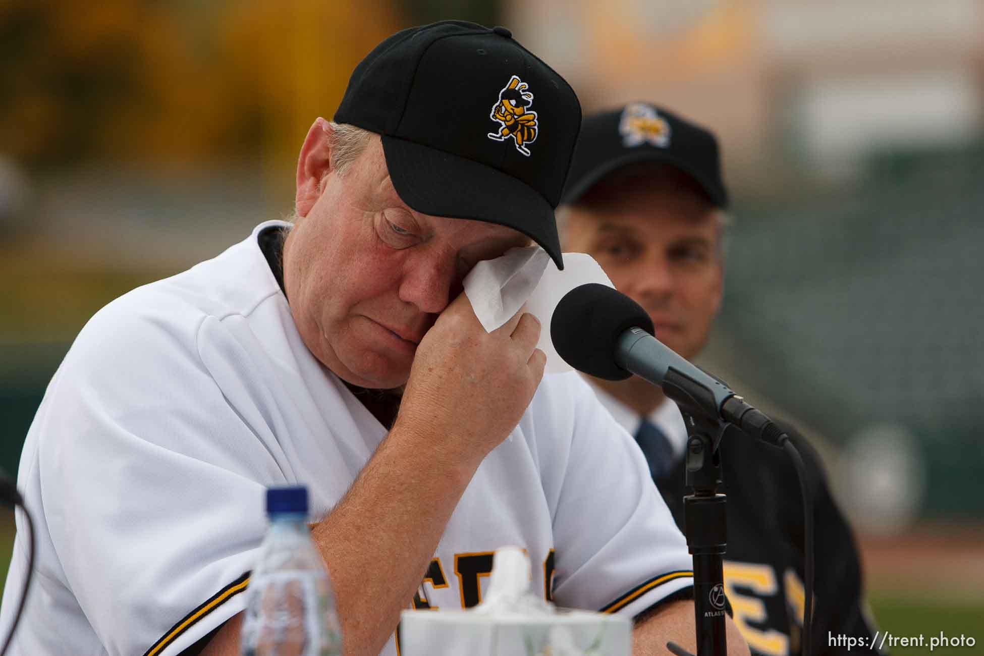 Larry Miller cries. Larry Miller shows off the new name and uniform design of the Salt Lake Bees, the minor league baseball team formerly knowns as the Stingers.; 10.27.2005