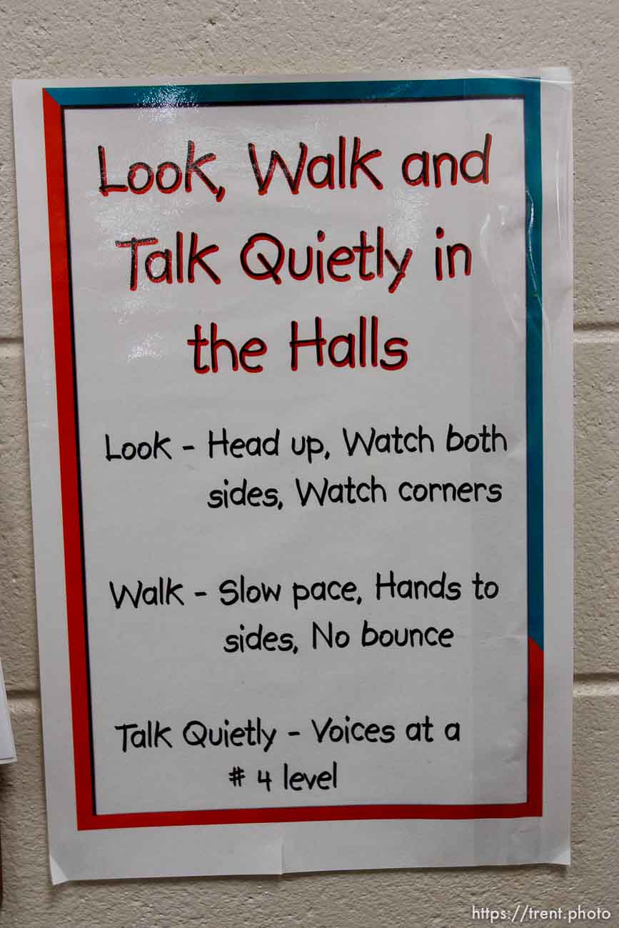 look, walk and talk quietly in the halls sign, Masada Charter School