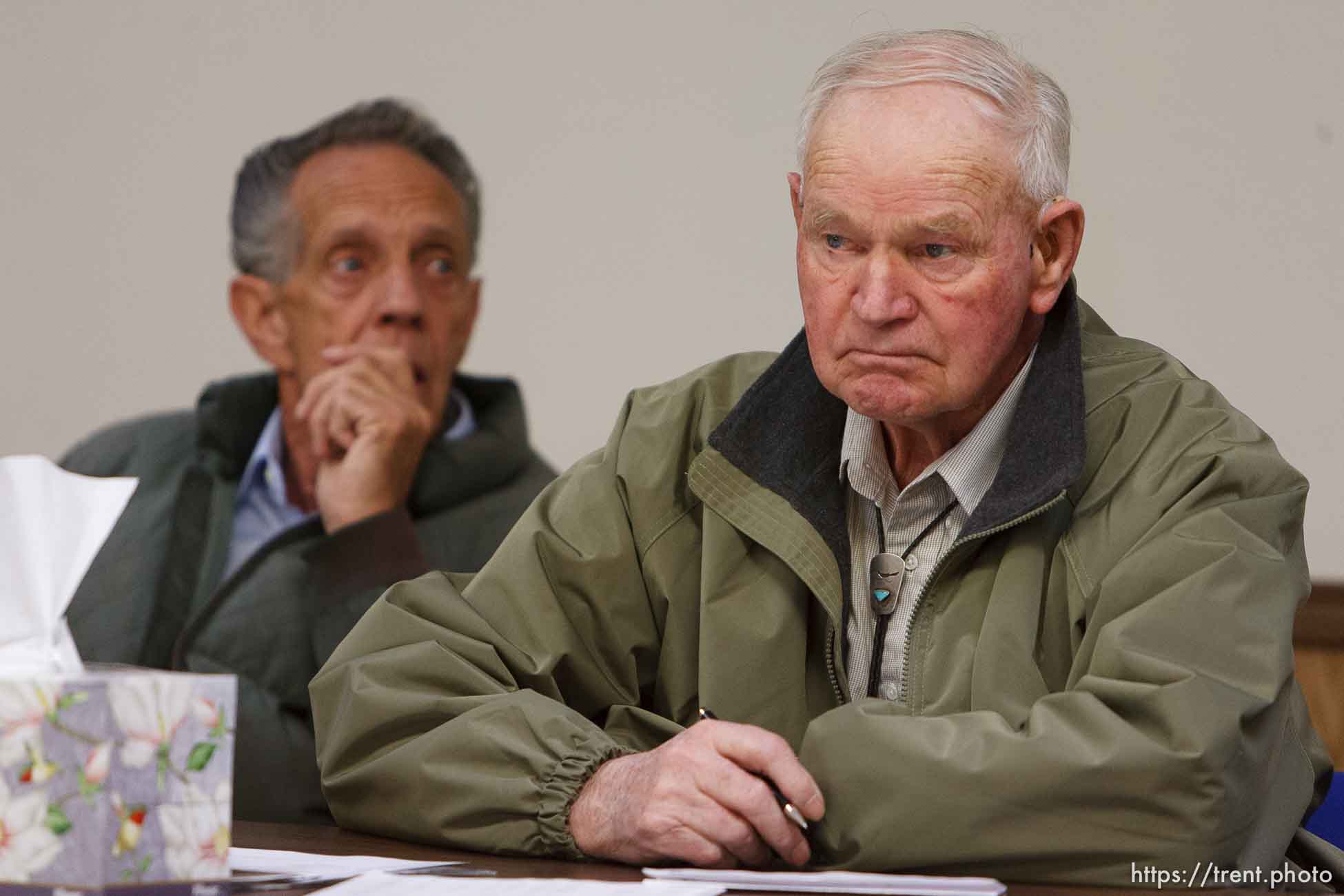 Washington County Sheriff Kirk Smith visits Hildale City Council Meeting.
, 3.14.2006 Harold Piene.  Dan Jessop (green jacket).