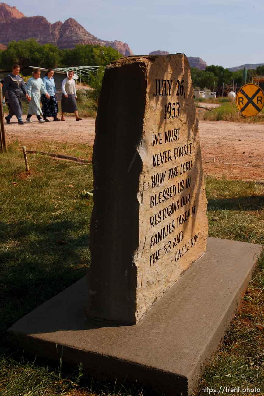 Dedication and unveiling of monument dedicated to the Short Creek polygamy raid of 1953, in Cottonwood Park, put into motion by Winston Blackmore.