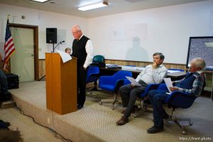 Hildale - Special Fiduciary Bruce Wisan (right) with his attorney Jeff Shields (center) addressed residents of Hildale, UT and Colorado City, AZ, providing details on the United Effort Plan (UEP) property trust at a meeting held at the Hildale City Hall.