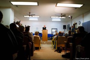 Hildale - Special Fiduciary Bruce Wisan (right) with his attorney Jeff Shields (center) addressed residents of Hildale, UT and Colorado City, AZ, providing details on the United Effort Plan (UEP) property trust at a meeting held at the Hildale City Hall.