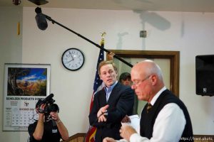 Hildale - Special Fiduciary Bruce Wisan (right) with his attorney Jeff Shields (center) addressed residents of Hildale, UT and Colorado City, AZ, providing details on the United Effort Plan (UEP) property trust at a meeting held at the Hildale City Hall.