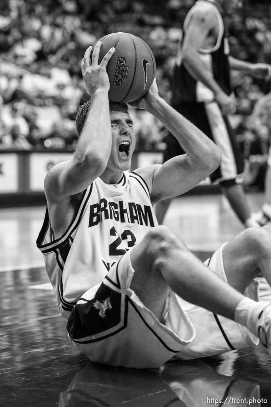 Provo - BYU's Jimmy Balderson reacts to a foul call in the first half. BYU vs. USU (Utah State) college basketball.