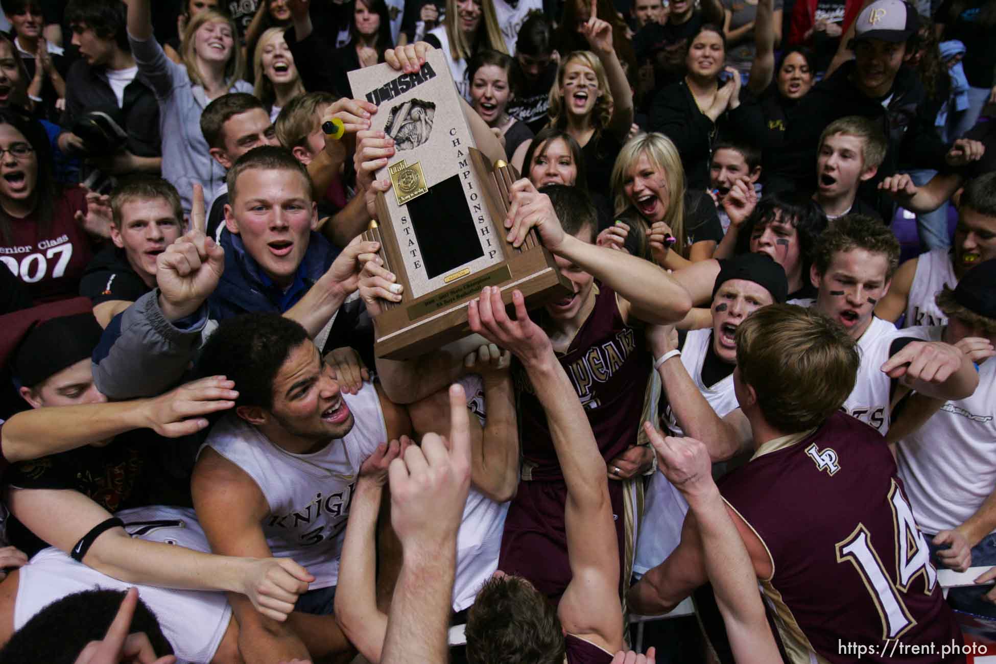 lone peak fans and players following the win. Ogden - Lone Peak vs. Riverton High School boys basketball, 5A State Basketball Championship Game at the Dee Events Center