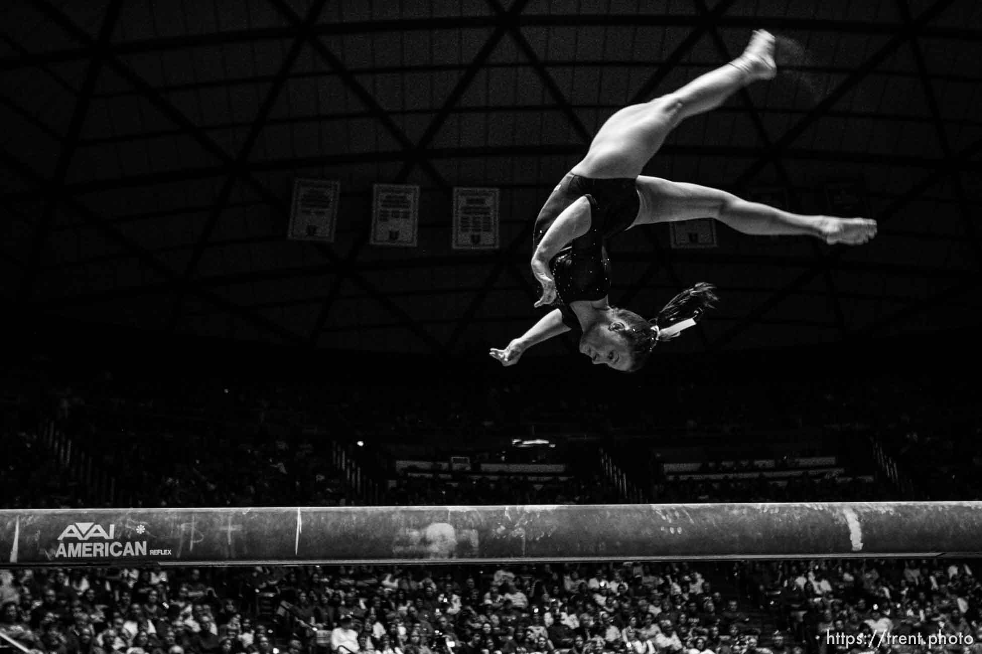 Utah's Nicolle Ford competes on the beam at University of Utah vs. Arizona State NCAA Women's gymnastics at the Huntsman Center.