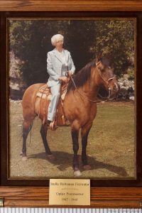photo of stella holtzman fitzwater on a horse, postmaster of Ophir from  1947-1968. restored historic homes in this small scenic town.