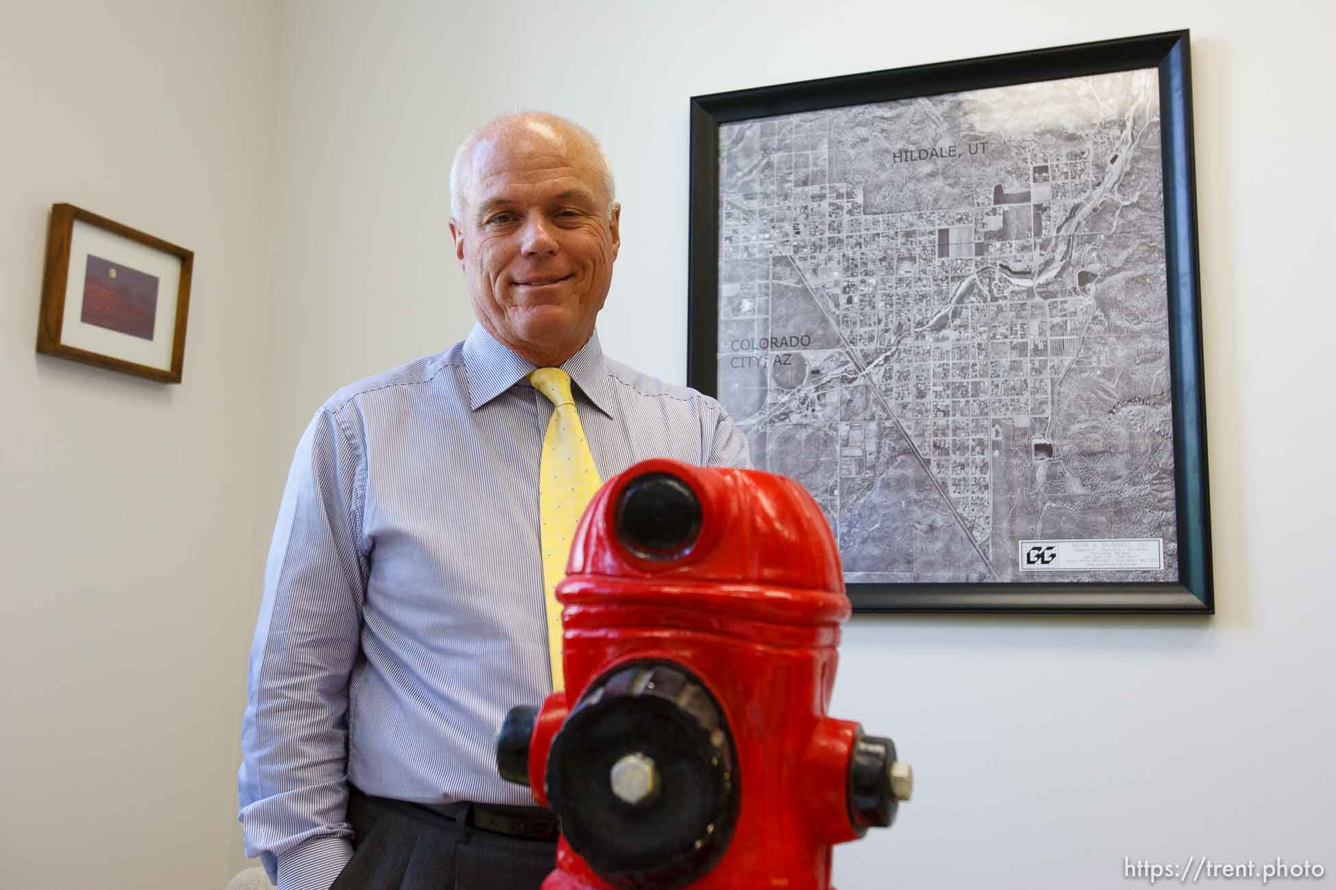 Salt Lake City - Salt Lake City - Special fiduciary Bruce R. Wisan in his office with a fire hydrant given to him by Richard Holm. Wisan is a court-appointed fiduciary managing the United Effort Plan (UEP) property trust that FLDS leader Warren Jeffs once oversaw.; 5.01.2007