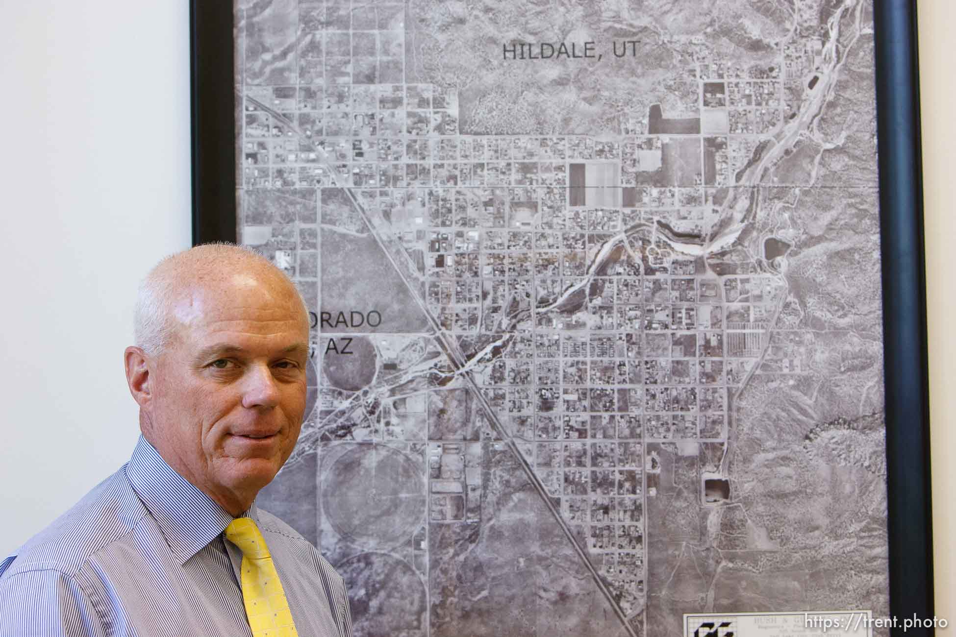 Salt Lake City - Special fiduciary Bruce R. Wisan in his office with an aerial map of Hildale and Colorado City. Wisan is a court-appointed fiduciary managing the United Effort Plan (UEP) property trust that FLDS leader Warren Jeffs once oversaw.; 5.01.2007