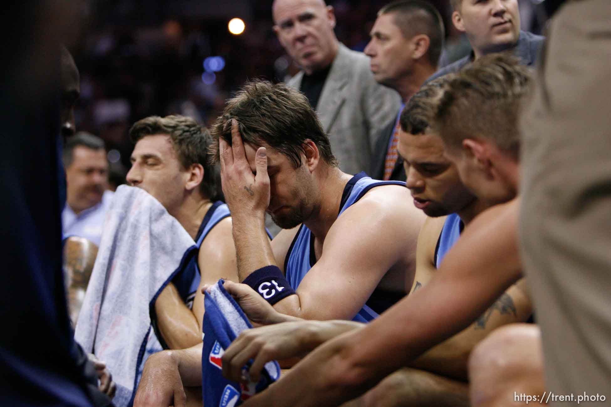 San Antonio - left to right: Utah Jazz guard Gordan Giricek (10), of Croatia,  Utah Jazz center Mehmet Okur (13), of Turkey, Utah Jazz guard Deron Williams (8) on the bench during a timeout in the first quarter, Jazz down 12-4. Utah Jazz vs. San Antonio Spurs, Western Conference Finals game five at the AT&T Center.
5.30.2007&#x01;