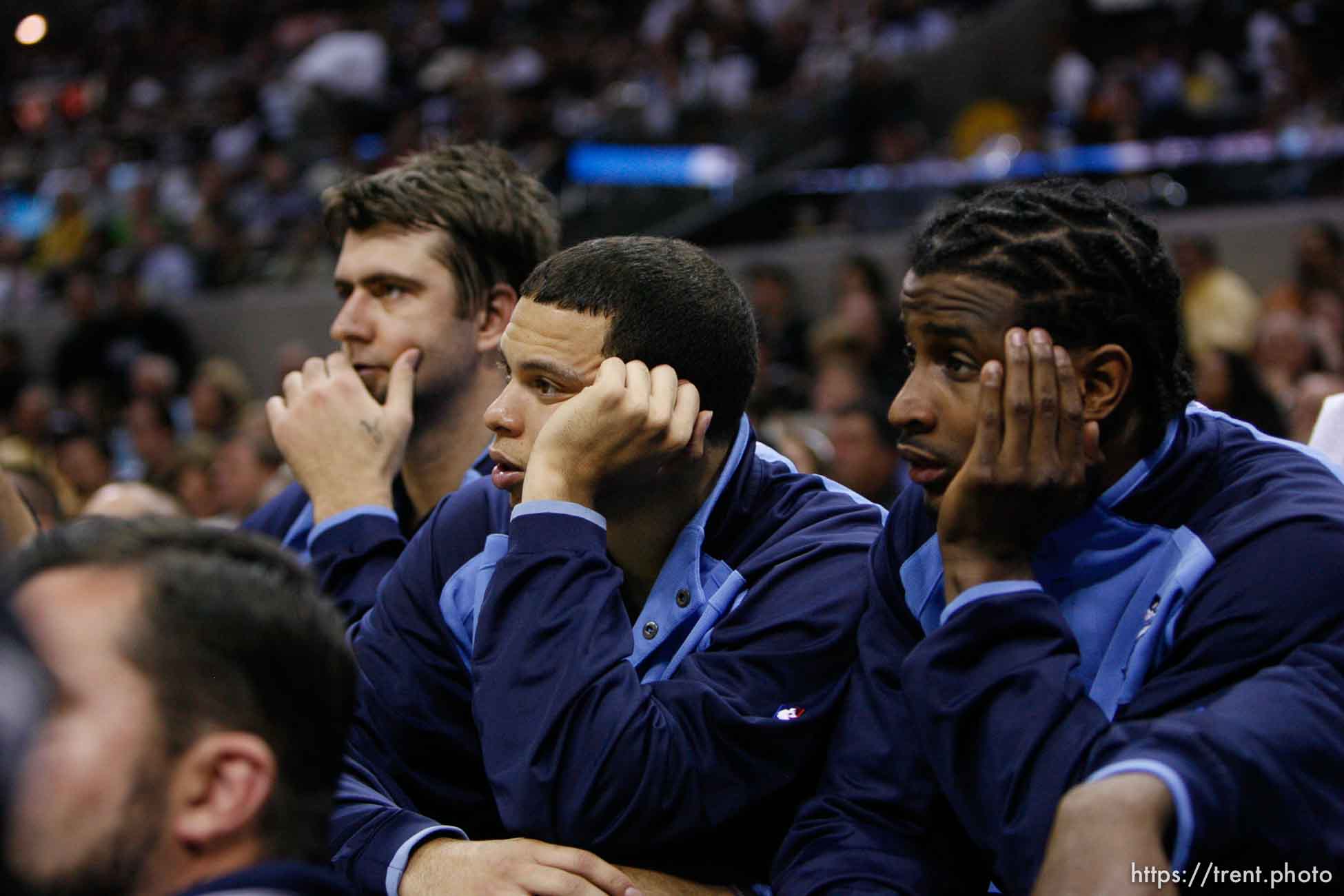 San Antonio - On the bench in the 3rd quarter, Jazz trail by double-digits, Utah Jazz center Mehmet Okur (13, left to right), Utah Jazz guard Deron Williams (8) and Utah Jazz guard Dee Brown (11) Utah Jazz vs. San Antonio Spurs, Western Conference Finals game five at the AT&T Center.
5.30.2007&#x01;