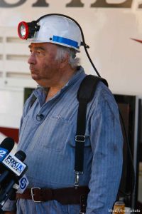 Huntington - Robert Murray, president and CEO of Ohio-based Murray Energy Corp, speaks to reporters at the command post in full miners gear Wednesday evening, as six miners remained trapped in the mine.
