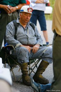 Huntington - Robert Murray, president and CEO of Ohio-based Murray Energy Corp, speaks to reporters at the command post in full miners gear Wednesday evening, as six miners remained trapped in the mine.