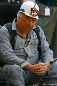Huntington - Robert Murray, president and CEO of Ohio-based Murray Energy Corp, speaks to reporters at the command post in full miners gear Wednesday evening, as six miners remained trapped in the mine.