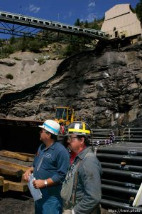 Huntington - Robert Murray, president and CEO of Ohio-based Murray Energy Corp, led reporters on a tour of the Crandall Canyon coal mine Wednesday, where six miners remained trapped. Darrell Leonard (left) and Paul Gilbert, employees at the Crandall Canyon coal mine, standing below the mine entrance Wednesday.