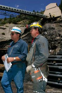 Huntington - Robert Murray, president and CEO of Ohio-based Murray Energy Corp, led reporters on a tour of the Crandall Canyon coal mine Wednesday, where six miners remained trapped. Darrell Leonard (left) and Paul Gilbert, employees at the Crandall Canyon coal mine, standing below the mine entrance Wednesday.