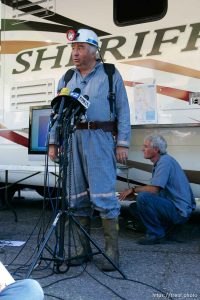 Huntington - Robert Murray, president and CEO of Ohio-based Murray Energy Corp, speaks to reporters at the command post in full miners gear Wednesday evening, as six miners remained trapped in the mine.