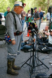 Huntington - Robert Murray, president and CEO of Ohio-based Murray Energy Corp, speaks to reporters at the command post in full miners gear Wednesday evening, as six miners remained trapped in the mine.