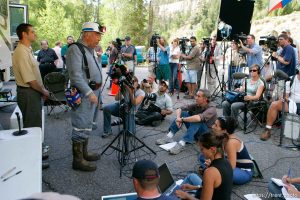 Huntington - Robert Murray, president and CEO of Ohio-based Murray Energy Corp, speaks to reporters at the command post in full miners gear Wednesday evening, as six miners remained trapped in the mine.