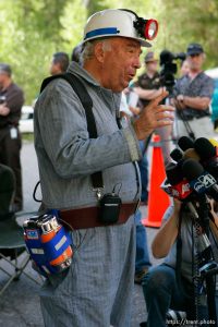 Huntington - Robert Murray, president and CEO of Ohio-based Murray Energy Corp, speaks to reporters at the command post in full miners gear Wednesday evening, as six miners remained trapped in the mine.