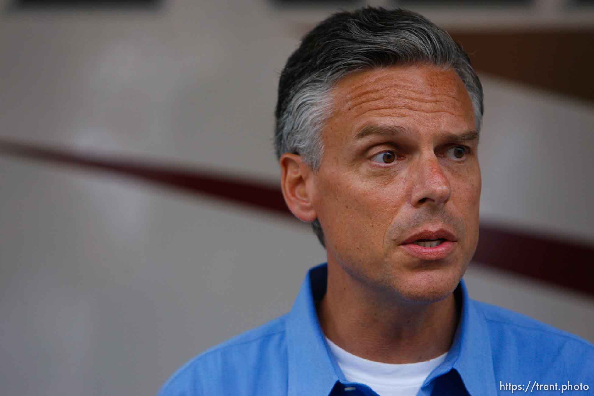 Huntington - Utah Governor Jon Huntsman speaks to reporters Thursday evening at the command post for the Crandall Canyon Mine disaster, where six coal miners remained trapped.